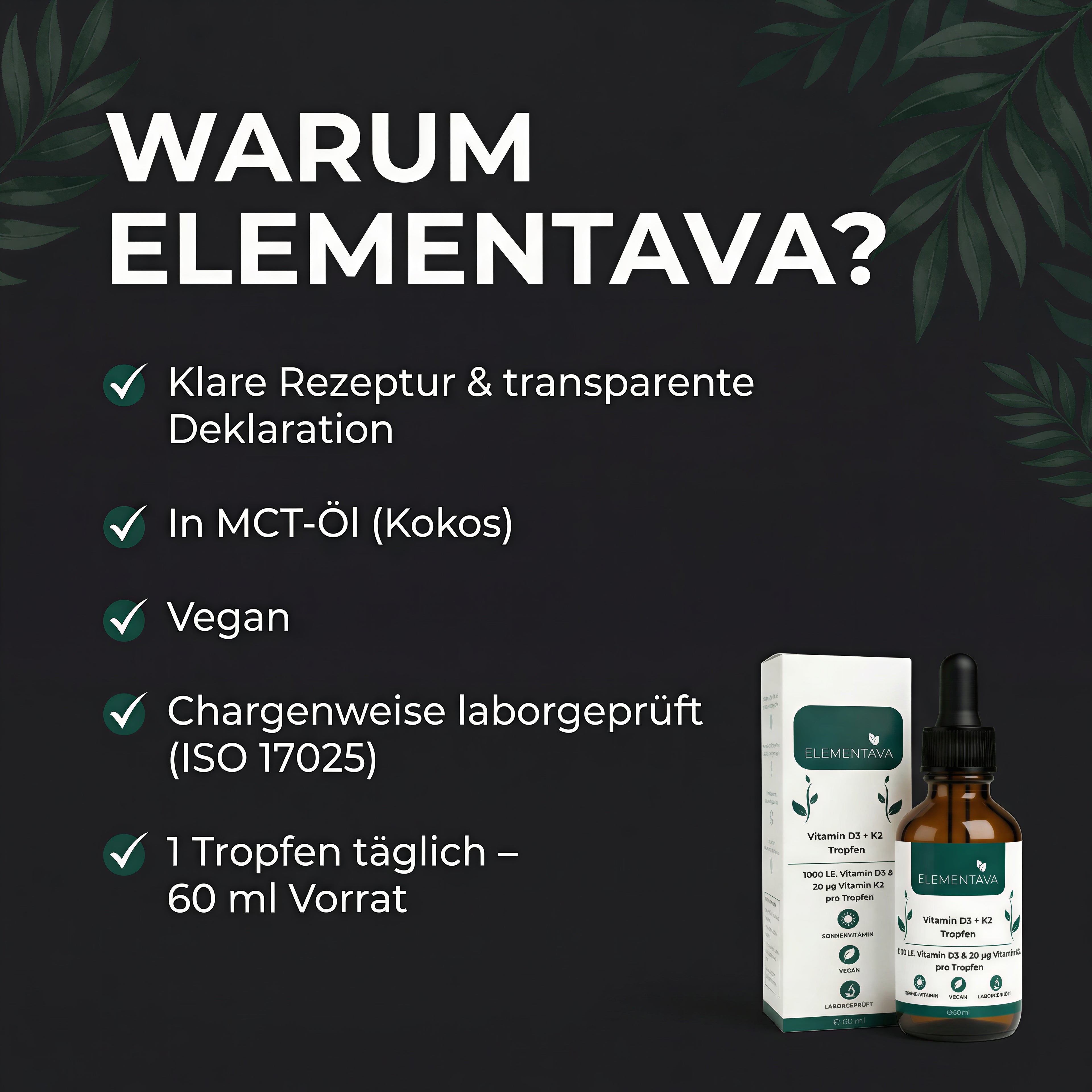 Elementava Vitamin D3 + K2 Tropfen — 60 ml