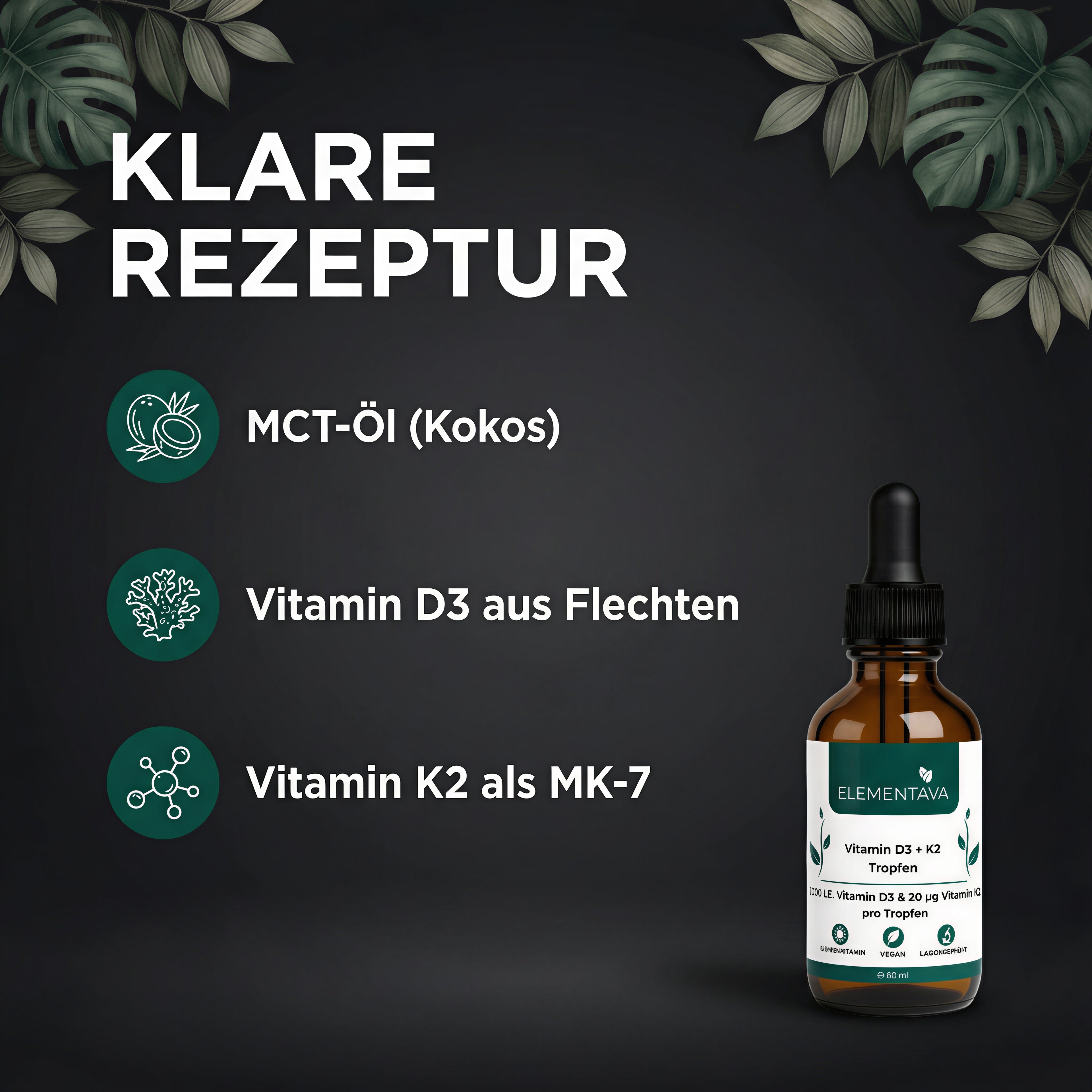 Elementava Vitamin D3 + K2 Tropfen — 60 ml